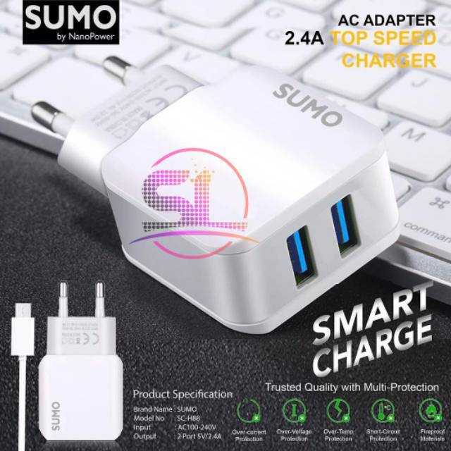 CHARGER SUMO H88 SMART CHARGER 2in1 SPEED CHARGING 2 OUTPUT USB 2.4A MICRO USB SUPPORT ANDROID &amp; iOS