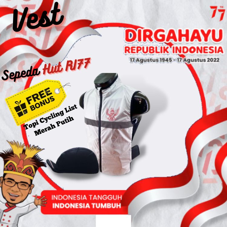 Rompi Vest Sepeda HUT RI 77 Dirgahayu Republik Indonesia Olahraga Neology Windbreaker - Putih