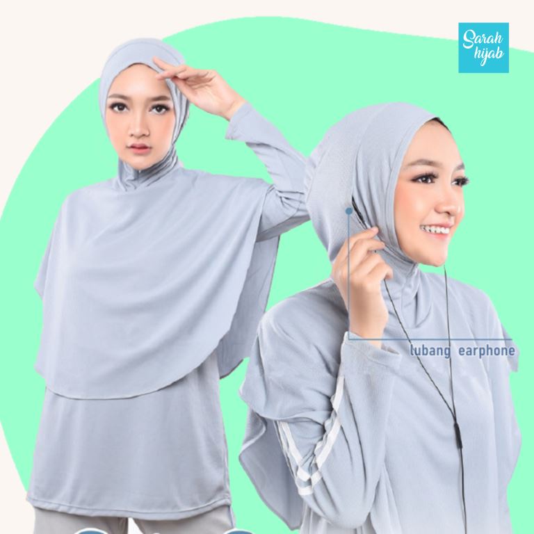 Jilbab Olahraga Hijab Sport Muslimah Syari Dryfit Premium Earphone - Silver