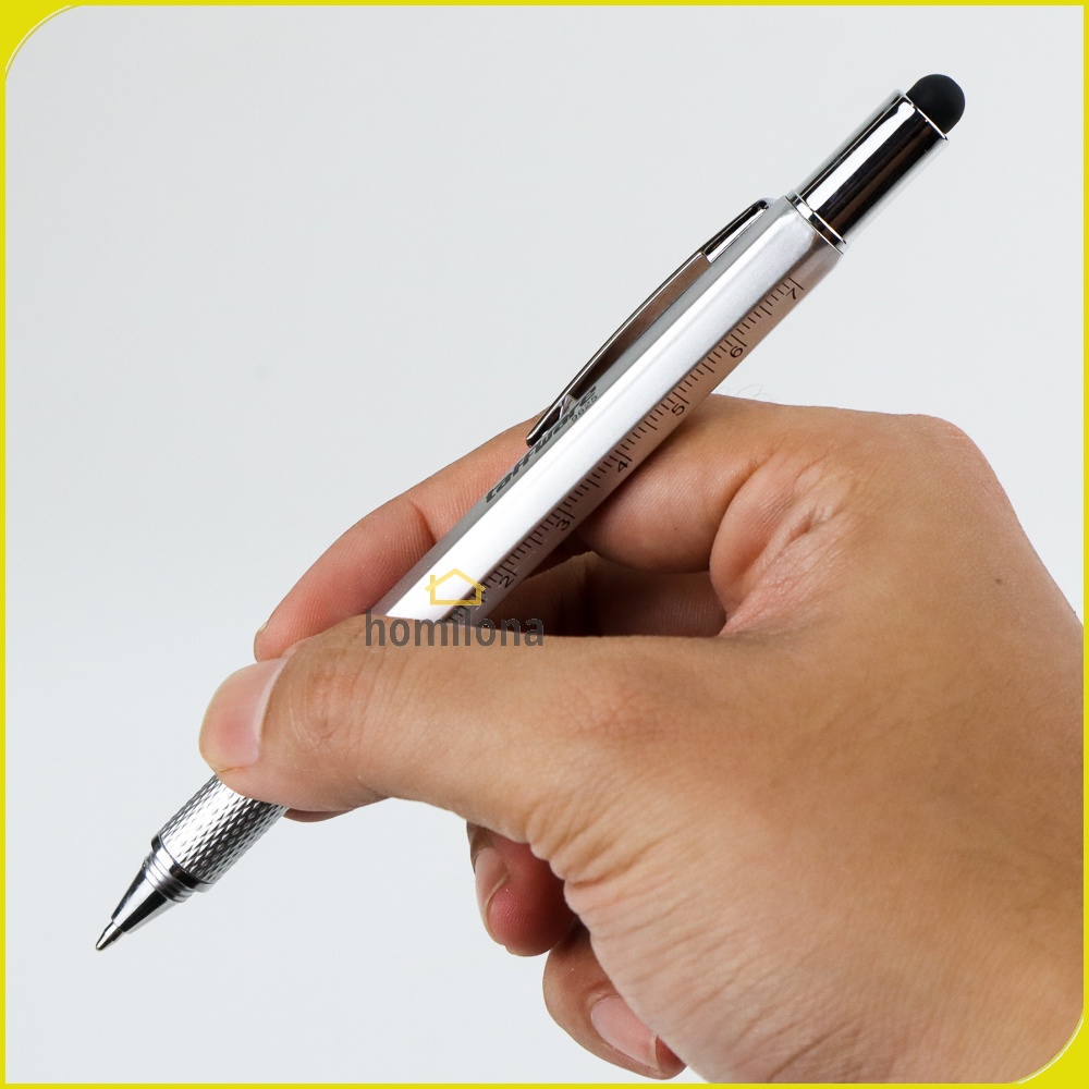 Pena Multifungsi Plastik Stylus + Penggaris + Level + Obeng - Taffware 9625 Black Silver