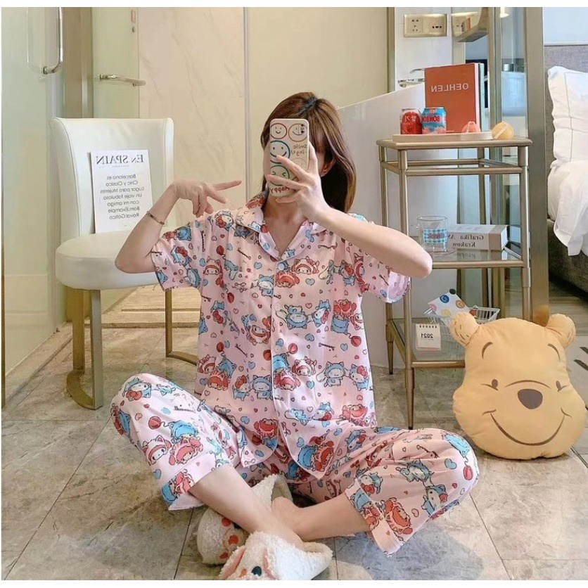 SETELAN BAJU TIDUR PIYAMA IMPORT WANITA SPANDEK LENGAN PENDEK CELANA PANJANG