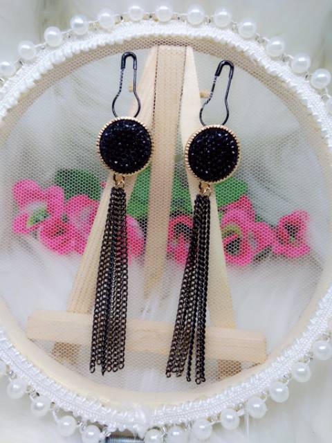 A56 Anting hijab juntai gold diamond full hitam