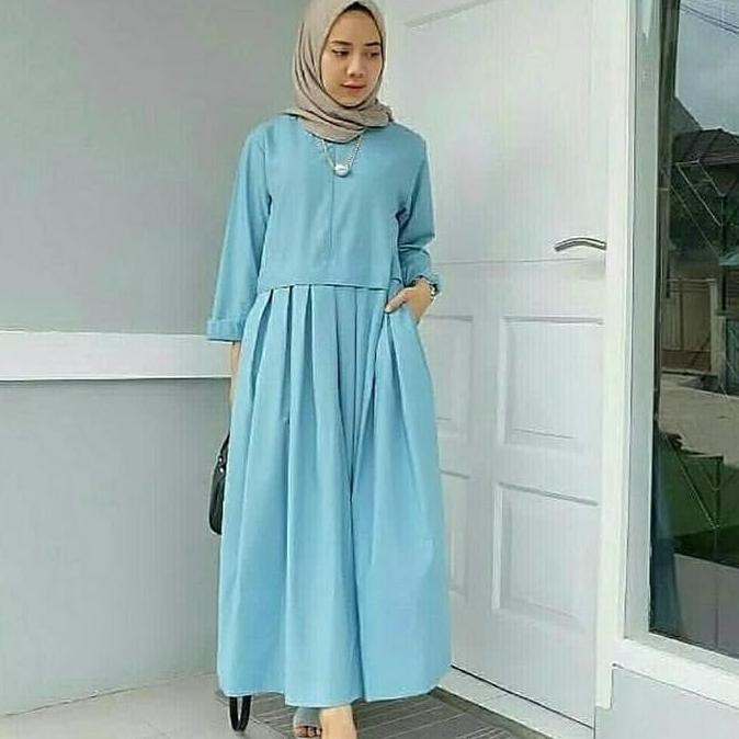 Dress Muslim Mei Long Tunik Busui Dms 5 Warna All Size Fit To L  - Biru Muda