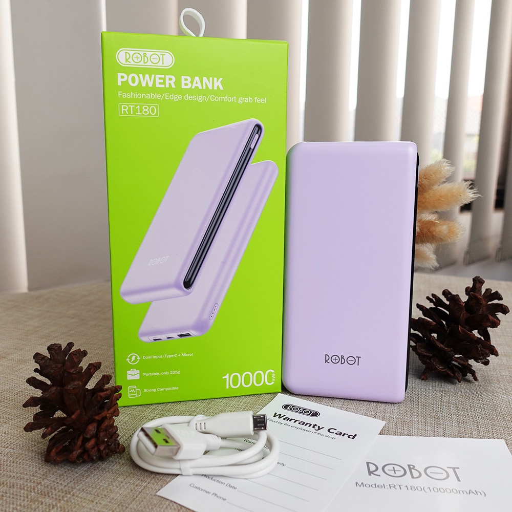 POWER BANK 10000 MAH POWERBANK ROBOT 10000 mAh POWER BANK ROBOT DUAL INPUT TYPE C &amp; MICRO LIGHTNING USB RT180 POWERBANK 10000 mAh OUTPUT UNIVERSAL DUAL INPUT