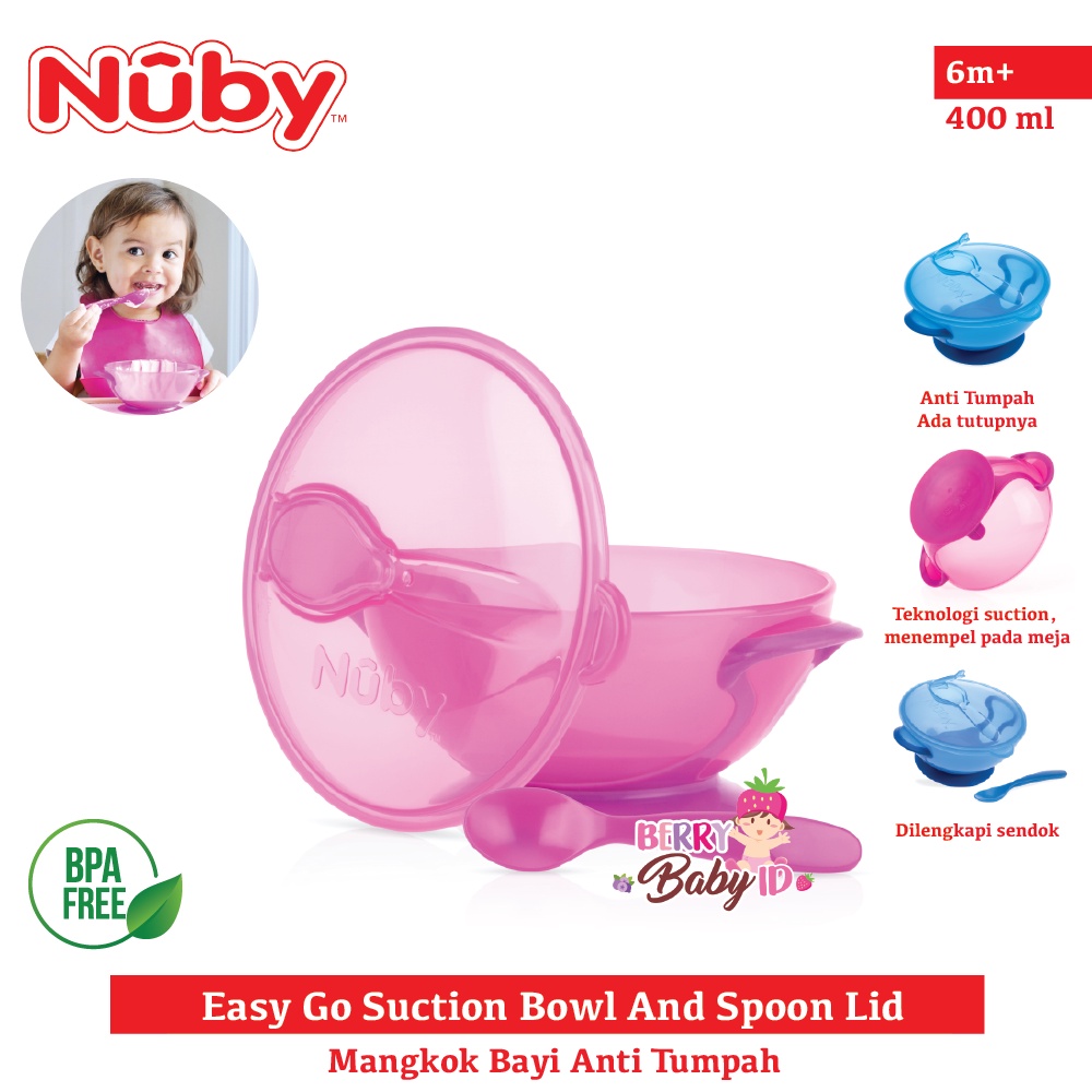 Nuby Easy Go Suction Bowl &amp; Spoon Mangkok Travel Makan Bayi Anak Berry Mart