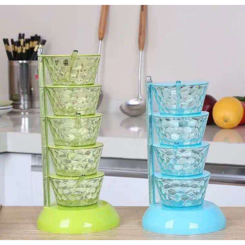 Rak Tempat Bumbu Putar 5 susun Wadah Bumbu Dapur Set Minimalis Kekinian