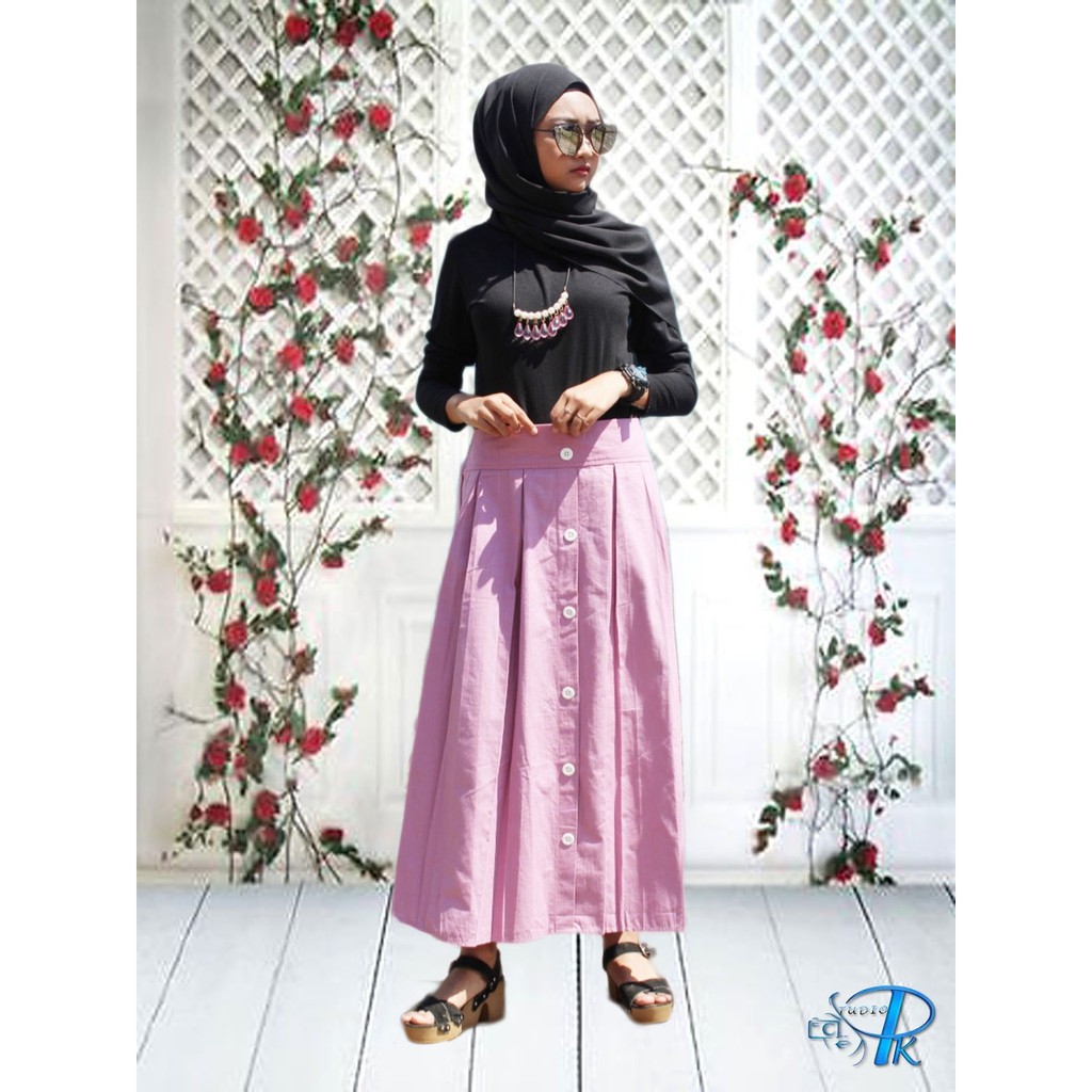 BISA COD Rok Panjang Kancing Putih Katun Warna PINK