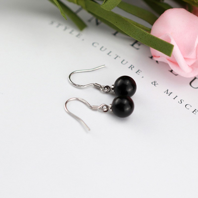 925 Anting Perak Murni untuk Wanita Obsidian Ear Hook Fashion Perhiasan