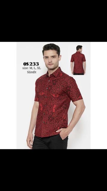 Kemeja Batik Pria Slim Fit Lengan Pendek Original Odza  Warna Merah Imlek Os233
