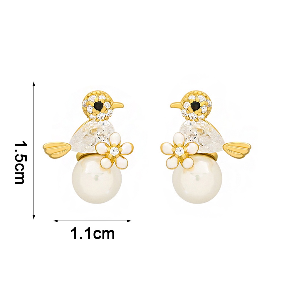 Anting Stud Zircon Bentuk Bunga Burung Aksen Mutiara