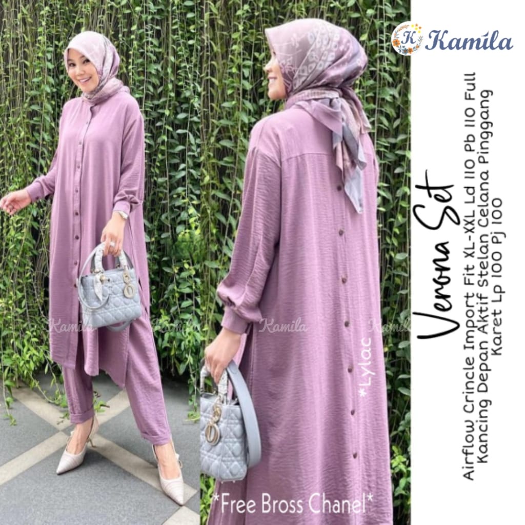Verona Setelan set stelan 1set baju tunik dress pakaian kulot pant clana celana pinggang karet jumbo