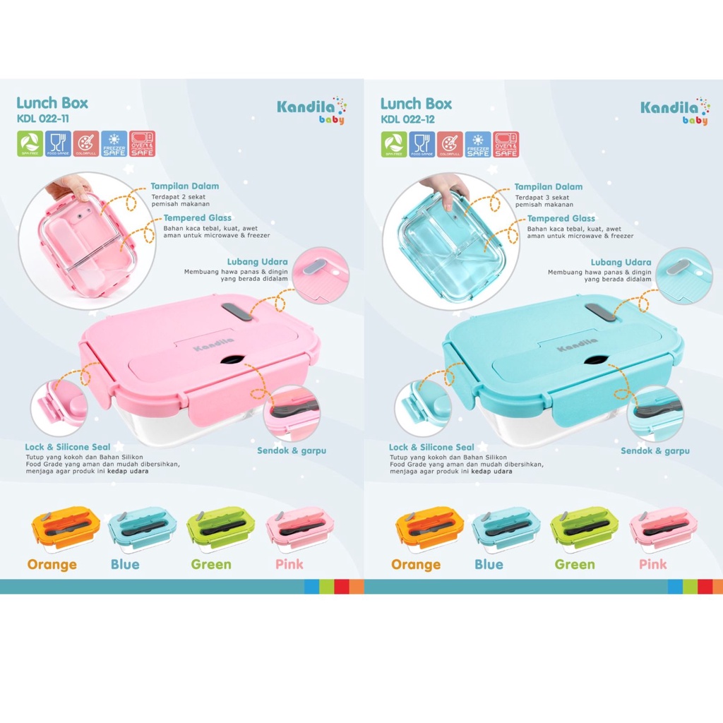 Kandila Baby KDL022-11 KDL022-12 Glass Lunch Box 2Divide - 3 Divide / Kotak Makan Kaca 2 Sekat Dan 3 Sekat - LunchBox 840ml - 850ml