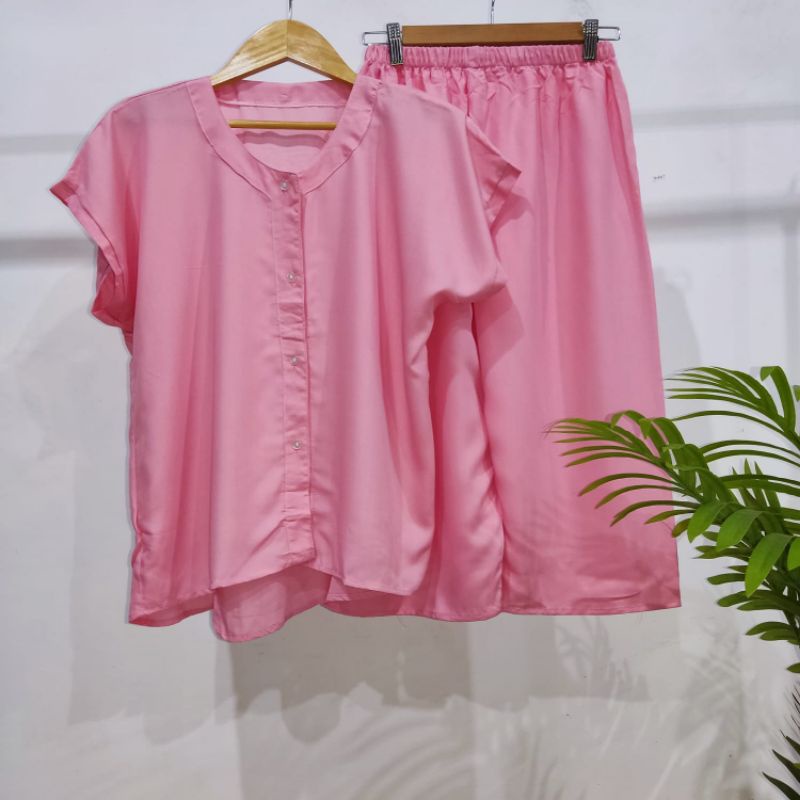 PIYAMA POLOS KANCING | PIYAMA BUSUI | BAJU SANTAI MURAH | HOMEDRESS MURAH | HOMEWEAR MURAH-VN 7/8 PINK