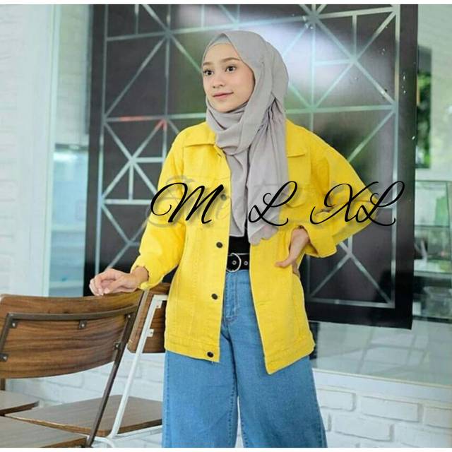 Jaket Jeans Kuning Cerah M L XL Yellow Denim Polos Oversize Cowok Cewek