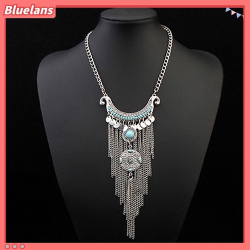 Bluelans Women Bohemian Turquoise Long Tassels Pendant Necklace Alloy Choker Chain