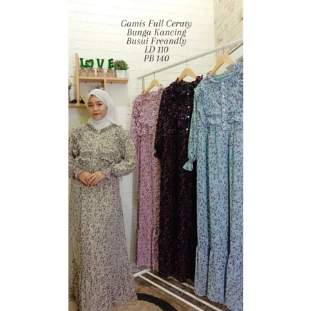 Gamis Naura 00 motif Bunga Kecil Cantik Full Ceruty Babydoll Double PURING Busui Terbaru Kekinian Si