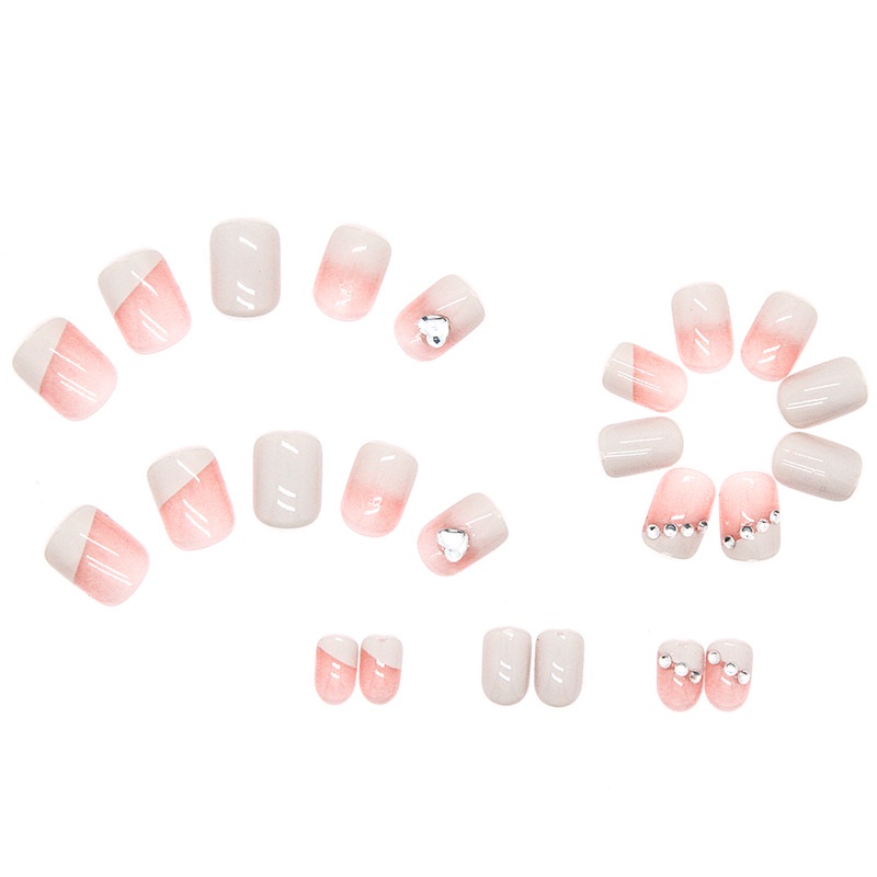 24pcs / Kotak Kuku Palsu Pendek Desain Hati Aksen Berlian Imitasi Gaya Simple Dan Elegan Untuk Dekorasi Nail Art