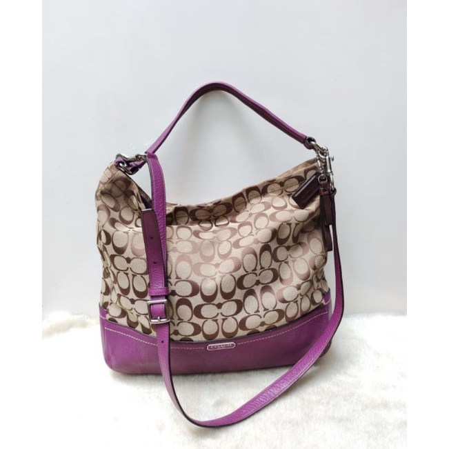 COACH ORIGINAL SHOULDER BAG PURPLE COMBINASI, KANVAS MIX KULIT ASLI, PRELOVED COACH, PRELOVED SLING 