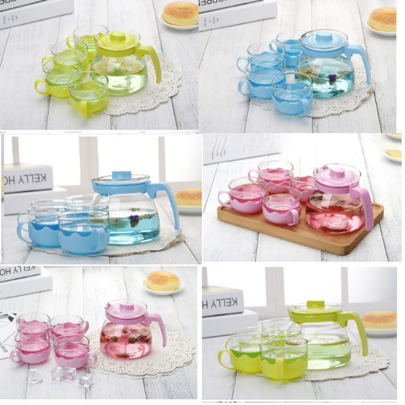 Tea Pot Set 5 In 1 / Teko Set Kaca / TEAPOT WARNA / TEKO SET CANGKIR KACA TEA POT GELAS