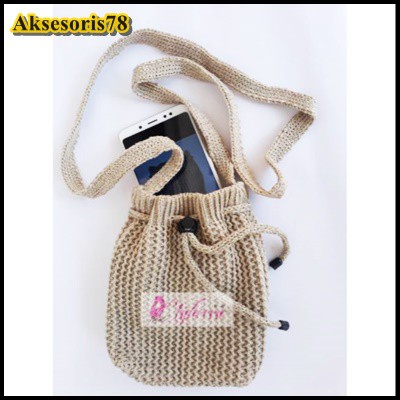 Tas Selempang Rajut Serut Mini / Tas Rajut HP Serut Bahan Bagus