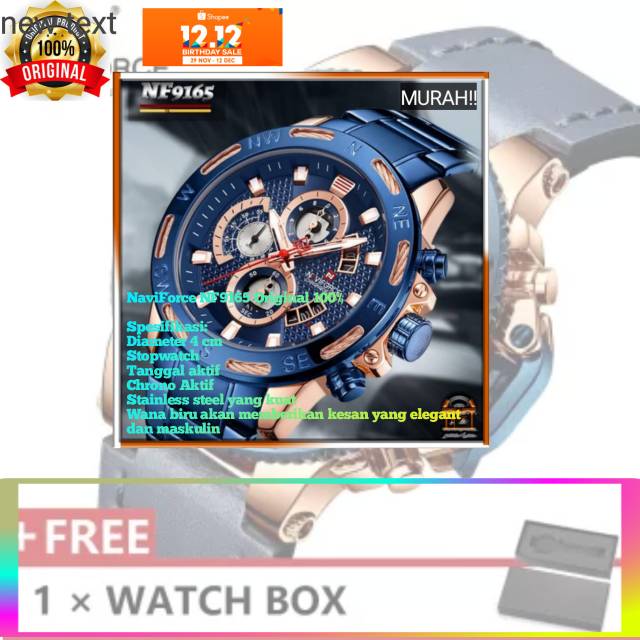 Jam tangan MURAH Pria/Cowok/Man/laki-laki NaviForce NF9165 Original 100%-Biru dan gold, jam tangan