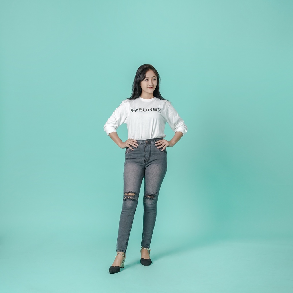 Bunbe - Highwaist jeans sobek lutut wanita skinny