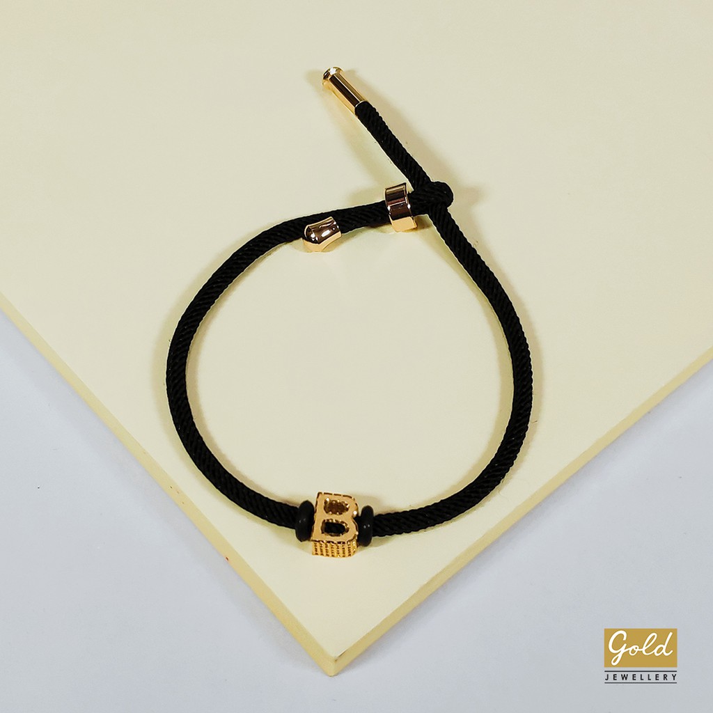 Gelang tali emas kuning kadar 700 70% inisial B bsr tali serut hitam
