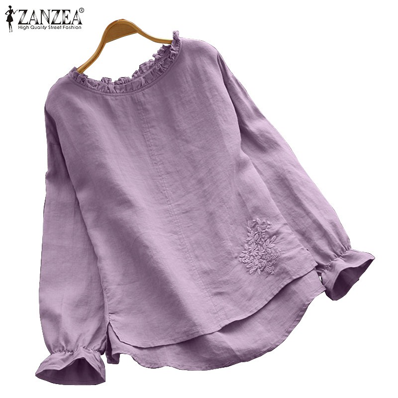 ZANZEA Women Long Sleeve Solid O Neck Embroidery Casual Blouse