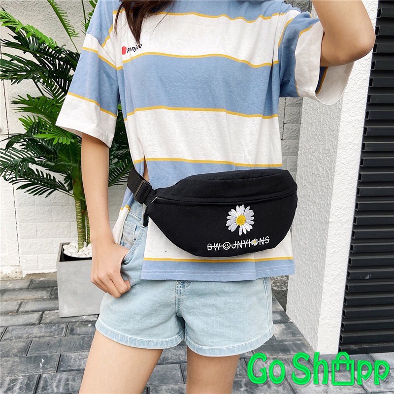 Waist Bag kanvas Motif Bunga Krisan Bordir - Tas Pinggang Kanvas Import - Waistbag Korea [WB03]