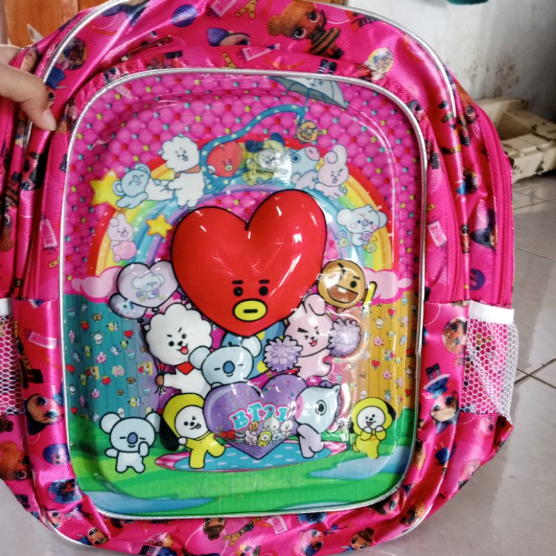 ransel SD motif BOBA bisa nyala ber-LED model timbul 3D-BT21 pink