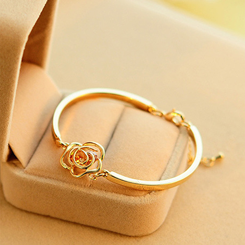 canaan Women Golden Flower Crystal Rose Bangle Cuff Chain Bracelet Chic Jewelry Present