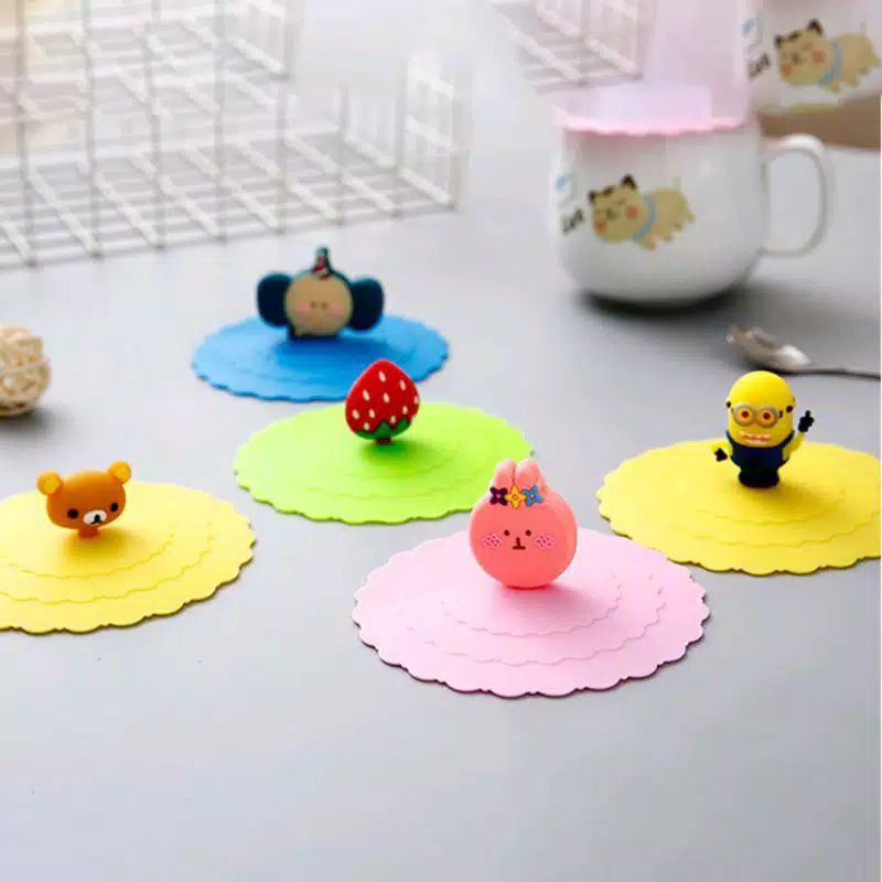 Tutup Gelas Silicone Motif Karakter Cantik Warna-warni Anti Debu Silicone