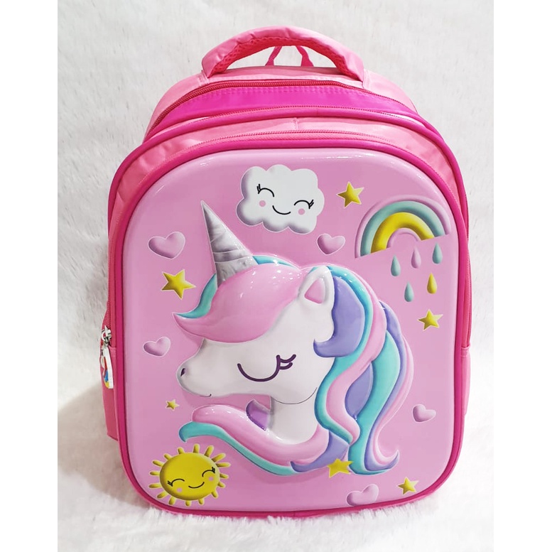 Tas Ransel Anak Sekolah TK Anak Perempuan Cantik Glossy Rambut Pirang Cetar Gogo Kumbang Kuda Putih Terbang TIMBUL 3Resleting IMPORT - 3013