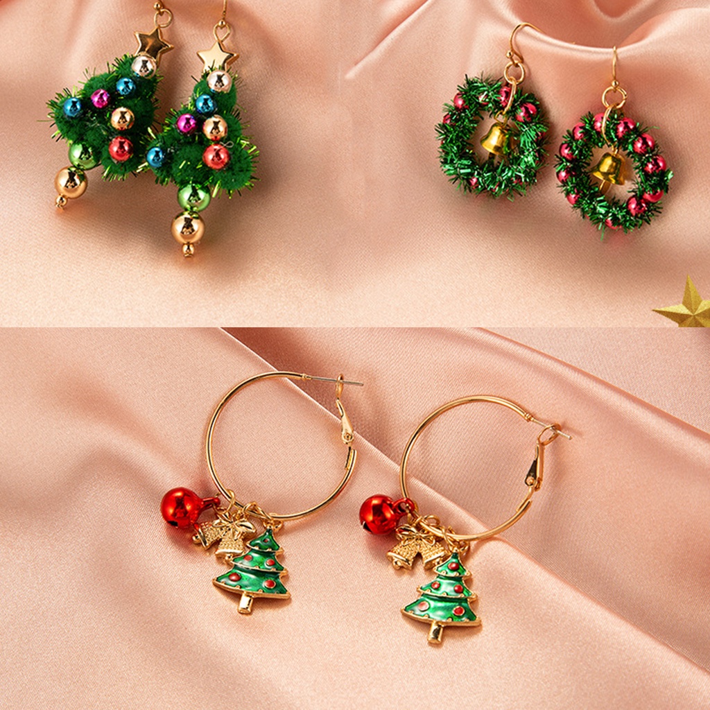 Hu Hu Hu Hu Hu Alat Bantu Pasang Kacamata♡ 1 Pasang Anting Tusuk Motif Pohon Natal / Snowman / Lonceng Untuk Wanita