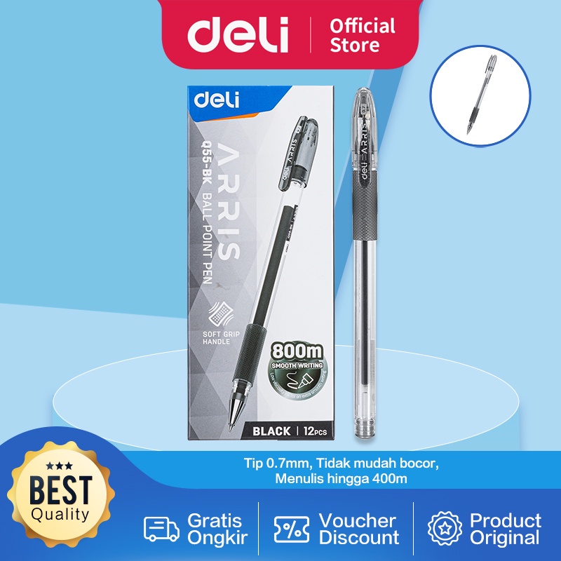 

Deli Ballpoint Pen Pulpen 0.7 mm Tinta Hitam/Biru Menulis Lancar 400 m EQ55 12PCS