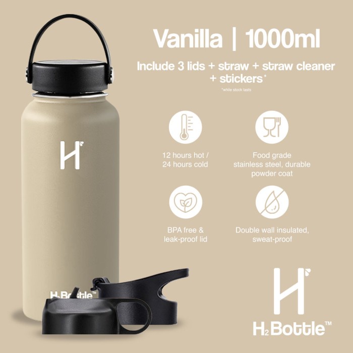 H2 Bottle Vacuum Insulated Water Bottle 1 Liter - Vanilla - Peralatan / Perlengkapan Dapur