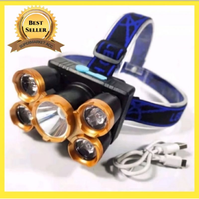 HK98 Senter Kepala XPE USB Recharble 5 LED Waterproof HeadLamp