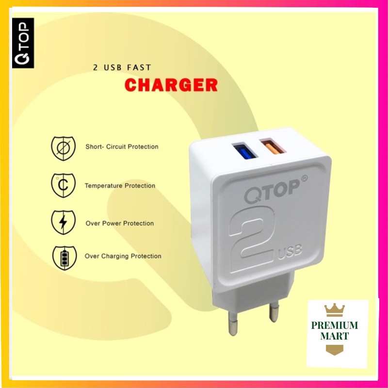 QTOP Adaptor Charger 2 USB Qualcomm 3.0 with Cable Fast charge [GARANSI 1TAHUN]