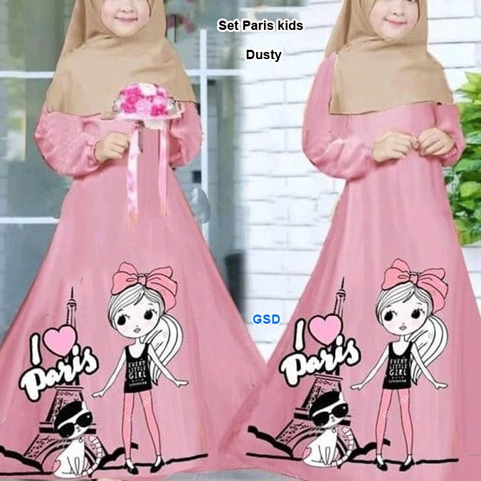 Set paris kids/setelan gamis dan kerudungan anak perempuan/casual gamis anak motif kartun lucu murah