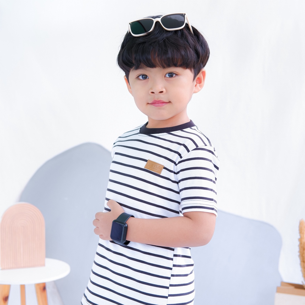 Kaos Stripe Garis Anak Laki Laki Perempuan Branded Unisex Original Premium | Mevla Kids - Uzuki White