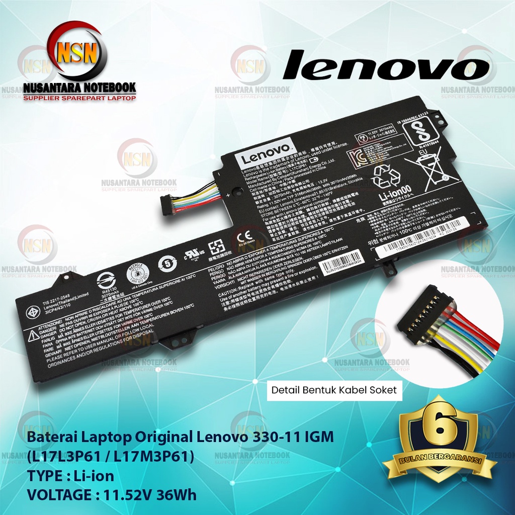 Baterai Laptop Original Lenovo 330-11 IGM (L17L3P61) 11.52V 36Wh