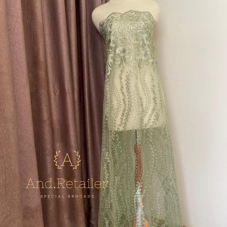 Bahan Kebaya Brokat Premium Tile Bordir Gloria Luxury Edition Warna Sage Green
