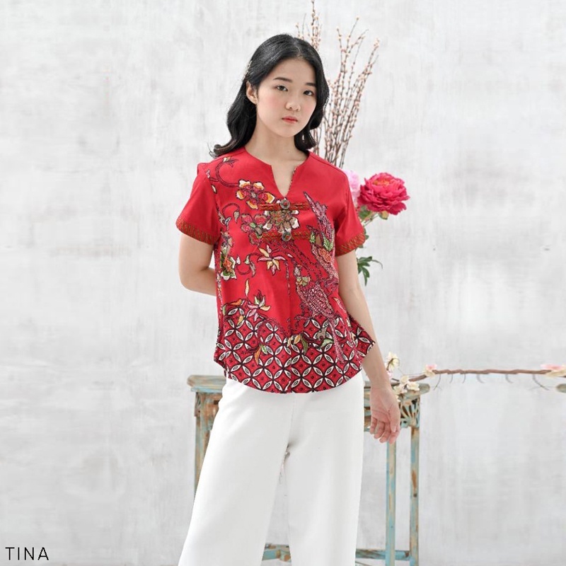 Evercloth Tina Blouse Wanita Atasan Wanita Batik Couple Top Jumbo Family Cheongsam CNY Imlek Merah