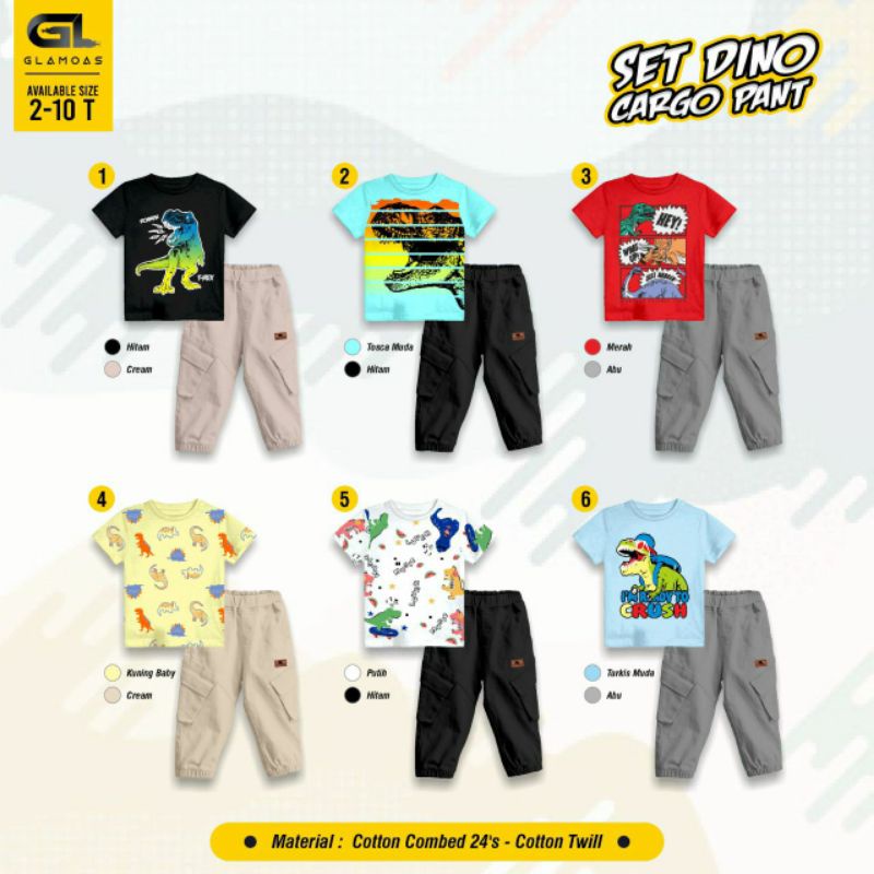 Pakaian anak laki-laki 2-10Th/Set Dino cargo pant by Glamoas/Baju anak Dinosaurus