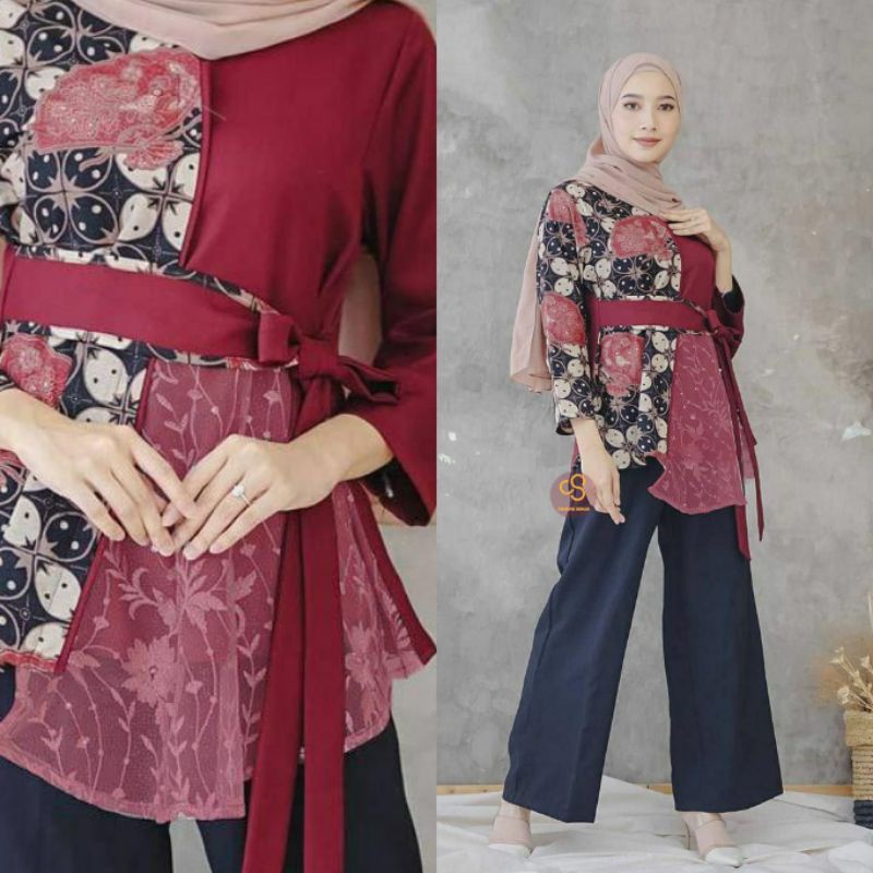 tey-17 Batik wanita ASJ SA HRB026 Kenongo Kemeja Tosca Pendek-TILE MARUN