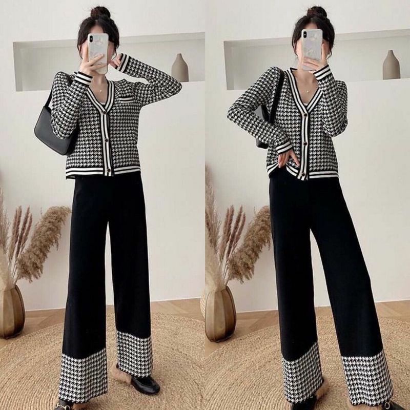 [ YF ] Houndstooth Set Cardigan & Pants