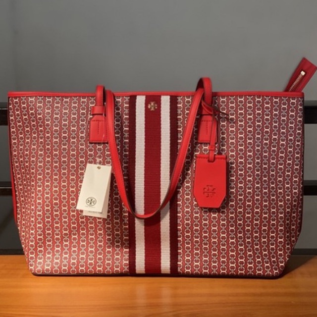 Tory Burch Gemini Link Canvas Large Top Zip Tote Dutch Red