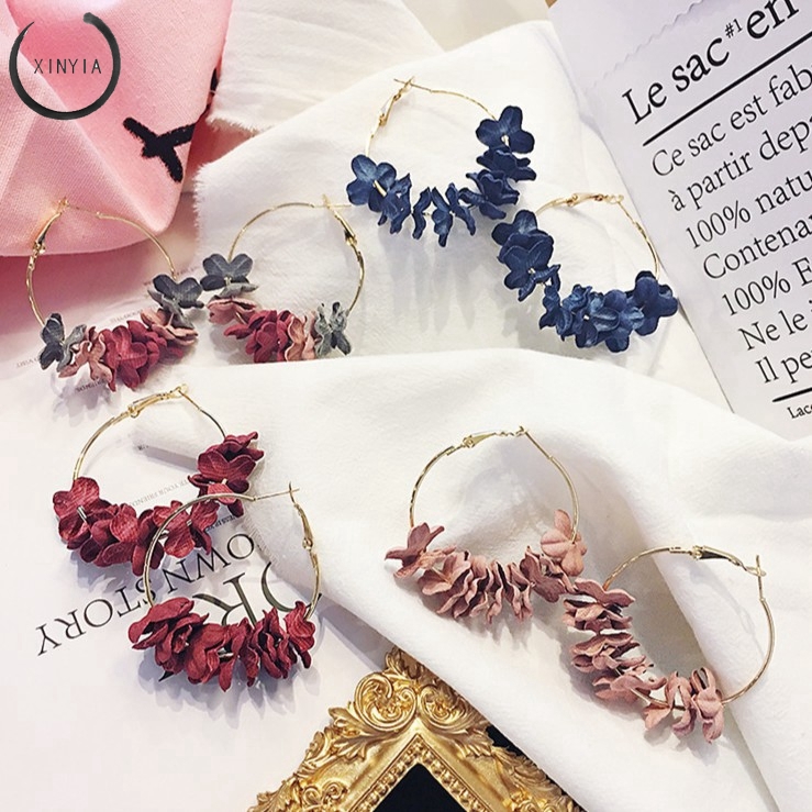 Anting korea Temperament Women's Fabric Flower Flash Anting Panjang