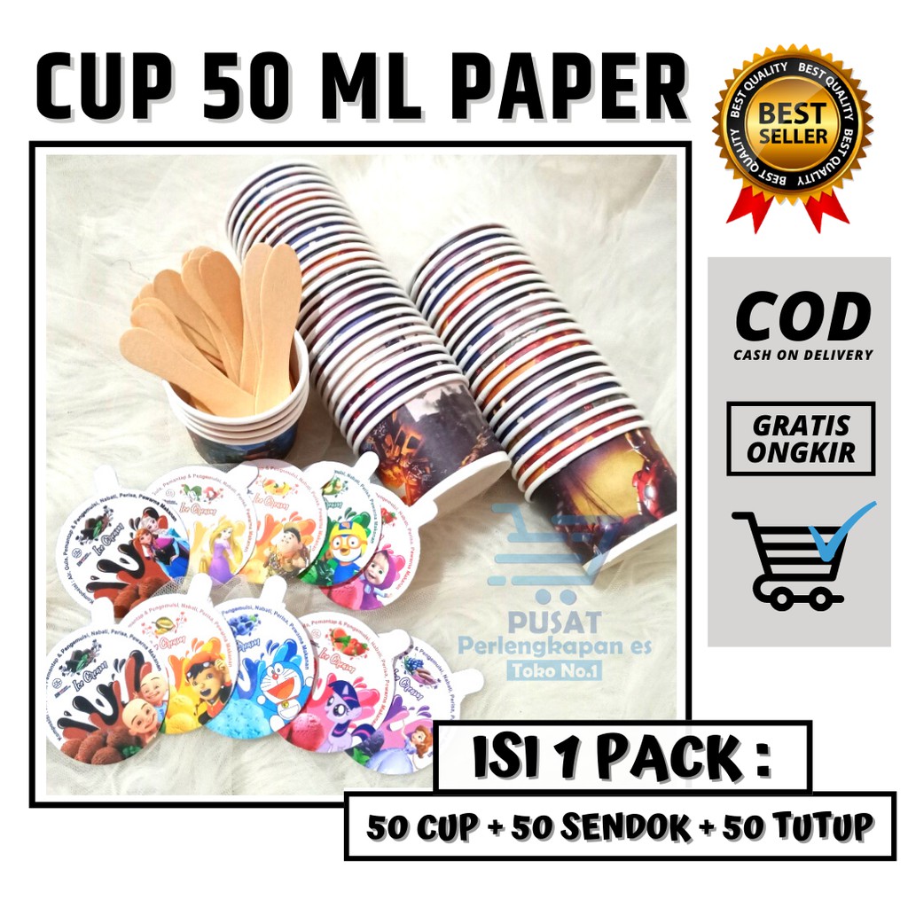 Cup Es Krim Ice Cream Paper Cap 50ml 60ml 100ml Isi 50pcs Lengkap Tutup dan Sendok