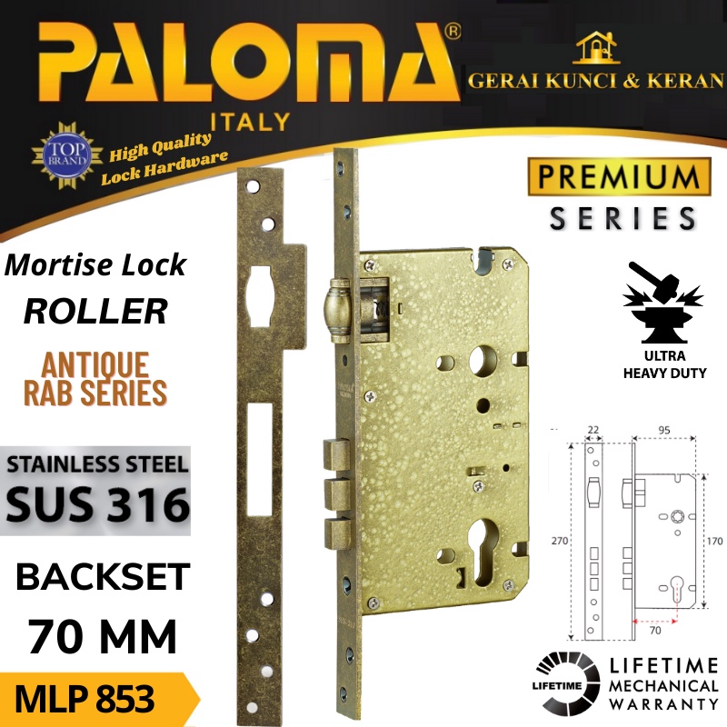 BODY KUNCI  PELOR PALOMA 70 MM MLP 853 RAB ANTIQUE MORTISE LOCK PREMIUM ROLLER